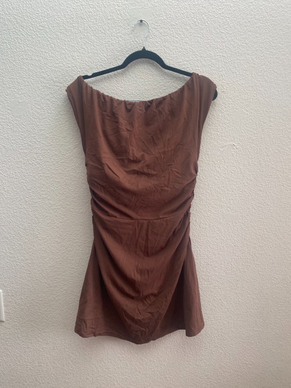 NWT Halara SoftlyZero Off-Shoulder Built-in Bra 2-in-1 Yoga Active Dress L Brown